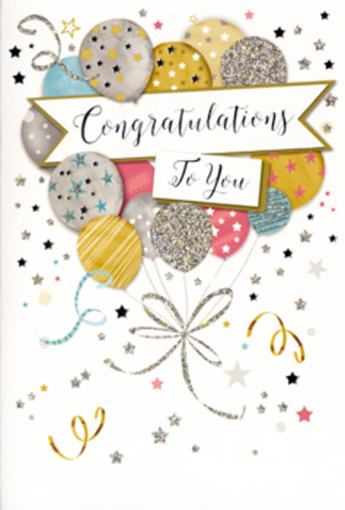 In this photograph, a refined congratulations card is displayed as though ready to be slipped beside a fresh bouquet delivered across Dagenham. The design centres on a gently curved banner that stretches across the middle of the card, bearing the message Congratulations To You in sophisticated, looping script that shimmers with subtle metallic ink. Just above and slightly behind this banner, a generous cluster of balloons rises like a festive cloud, their rounded shapes overlapping in a pleasing, almost three-dimensional arrangement. The balloons are rendered in harmonious shades of warm gold, soft champagne, bright silver, sky blue, blush pink, and muted grey, each decorated with its own pattern: fine glitter gradients, slim metallic stripes, and tiny stars that catch the light in the illustration. Thin, elegant ribbons trail down from the balloon bouquet, drawn with fluid, curling lines that resemble the carefully tied finishes on a hand-tied arrangement prepared in a local Dagenham flower shop. All around, the pale backdrop is sprinkled with starbursts, dots, and delicate swirling motifs in gold and silver tones, creating the impression of confetti and streamers drifting through the air at a celebration near Old Dagenham Park or around the shops by the Heathway. There are no flowers depicted, yet the thoughtful balance of colours, spacing, and decorative detail reflects the same design sensibility used when composing a congratulatory bouquet. The overall feel is joyful but not loud-an elegant, timeless card suited to graduations, new homes, promotions, or any milestone where quiet pride and heartfelt admiration deserve to be beautifully acknowledged.