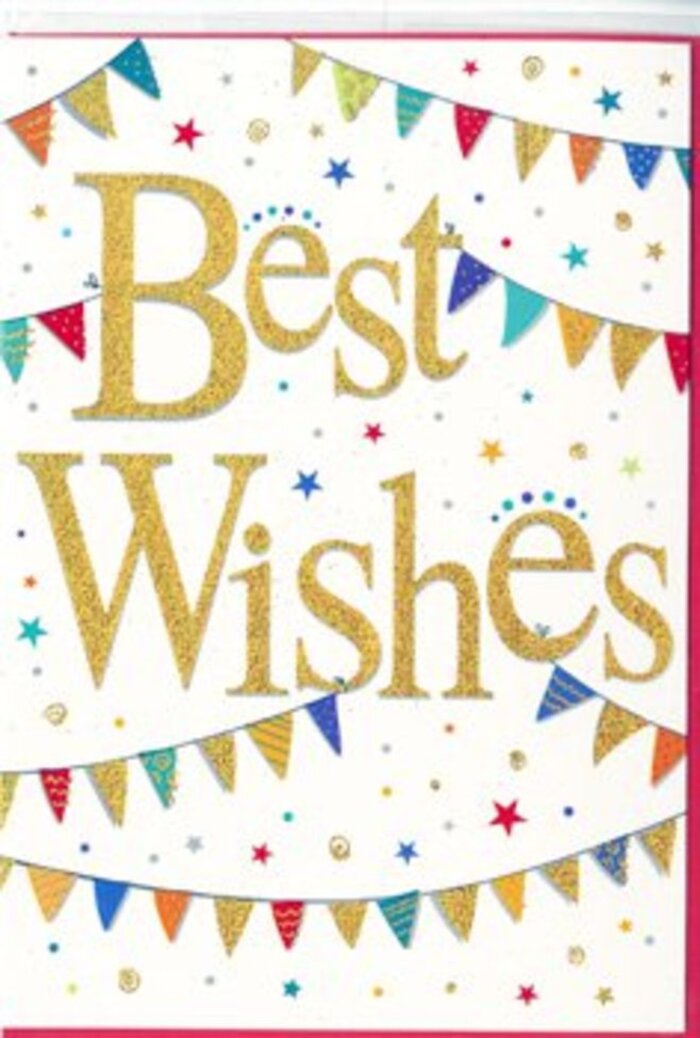 This image features a charming Best Wishes card that radiates the same kind of warmth and excitement you feel when celebrating good news with friends around Dagenham East. Dominating the centre of the card, the words Best Wishes are written in a generous, sweeping gold script, the strokes thick and confident, with a glistening finish that suggests fine glitter or metallic foil. The gold catches imaginary light, shifting from soft champagne tones to deeper amber as you imagine moving the card in your hand. Surrounding this central phrase are two flowing garlands of bunting, one hanging gently above and one below the text, framing it like decorations strung across a community hall ready for a party. Each small triangular pennant is a different bright, jewel-like colour-vibrant reds, ocean blues, fresh greens, and golden yellows-some left clear and bold, others adorned with tiny stripes, polka dots, or mosaic-like patterns that give a hand-crafted, bespoke feel. Scattered loosely around these bunting arcs are little stars and confetti dots in coordinating colours, spread across the white background as though caught mid-fall after a joyful toss. The overall impression is airy and celebratory, with a balance of elegance and playfulness that would suit anything from a retirement celebration to a new baby announcement in Dagenham. As a florist used to tucking cards into bouquets, I can almost picture this one nestled among fresh blooms, its bright colours echoing petals and ribbons, carrying warm encouragement, gentle pride, and a burst of positivity to whoever receives it.