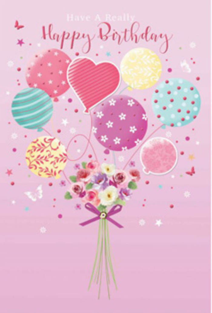 Pastel birthday illustration portraying a bouquet of balloons lifting a small, charming posy, similar to a thoughtful arrangement you might order for same-day delivery around Dagenham. The background is a soft, even pink, creating the sense of a gentle indoor glow, like light reflecting off gift wrap at a family gathering on the Becontree estate. At the base of the composition, a modest hand-tied bouquet sits neatly, its slim green stems drawn together by a purple satin bow that looks slightly iridescent, as though catching the light from a nearby window. The bouquet features petite roses and daisy-style blooms shaded from cream to rose pink and mauve, each petal delicately layered to suggest velvety texture and freshness. Rising from the bouquet, thin balloon strings extend upwards into a cluster of pastel balloons, forming the impression that the flowers themselves are floating. The balloons are rendered in soft pinks, sea-green tones, lemon yellows, and pale lavender, with playful patterns such as swirling ribbons, scattered dots, and tiny flower motifs; one balloon is heart-shaped, hinting at the affection behind the birthday greeting. Light glints along their surfaces, giving a realistic, slightly glossy finish. Around them, small stars and butterflies drift like confetti in slow motion, adding to the dreamlike atmosphere. The overall mood is tender and joyous, perfectly suited to a birthday card meant to make someone in Dagenham feel cherished, as if a local florist had captured the feeling of fresh blooms, cheerful balloons, and a warm happy birthday in a single, uplifting design.