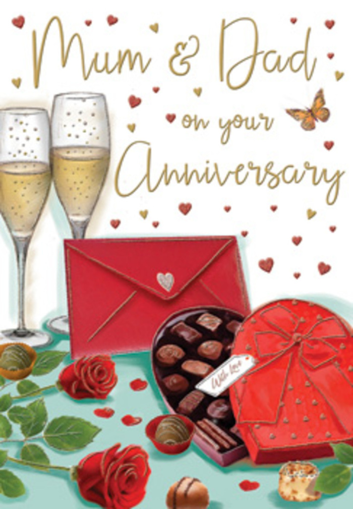 The illustrated anniversary card is composed like an intimate still life, a romantic vignette that could easily be imagined on a dining table in a Dagenham home after a surprise delivery. Deep red roses lie to one side, full-headed and perfectly opened, each velvety petal tinted with darker shadows at the centre and softer crimson at the edges. They are nestled in a cluster of lush green foliage, the leaves broad and slightly glossy, capturing the way fresh greenery brings bouquets to life. In front of the roses, a heart-shaped box of chocolates takes pride of place, its lid propped open to reveal polished domes of chocolate arranged in careful rows. The box is wrapped in a sumptuous red ribbon that loops into a generous bow, its tails curling gracefully like the ribbons we often tie around anniversary flowers heading towards homes near Parsloes Park. Behind this inviting display, two slender champagne flutes stand together, their clear stems tall and elegant. Each glass is filled with golden, effervescent champagne, the rising bubbles suspended as though caught in the precise moment before a celebratory toast. Gold and rich crimson hearts drift across the background, placed in a gentle pattern that gives the scene movement and a sense of festive lightness, as if love itself were sprinkling through the air. Above, carefully hand-lettered words for Mum & Dad personalise the card, turning it into a love note from children or grandchildren who have watched this partnership grow over the years. A deep red envelope rests nearby, slightly angled, suggesting a handwritten message waiting to be opened in the quiet of the evening. The overall effect is cosy, indulgent and heartfelt, evoking the kind of anniversary celebration that happens at home, with roses, chocolates, and shared memories filling the room more richly than any grand venue ever could.