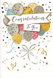 The image shows a joyful, delicately glamorous congratulations card, the kind you might tuck into a celebratory arrangement sent to a doorstep in Dagenham after exam results or a first job offer. At its heart, a softly unfurled banner stretches across the centre of the card, with the words Congratulations To You written in ornate, flowing calligraphy that glints as though picked out in gold and silver. Above this banner, a cheerful bouquet of illustrated balloons seems to lift the whole design upward. The balloons overlap like petals, presented in a soothing palette of champagne, gold, silver, pale blue, soft pink, and gentle grey. Each balloon carries subtle decoration-dustings of glitter, tiny star clusters, or neat metallic stripes-suggesting different textures under the fingertips, from smooth glossy ink to raised, sparkling accents. Slender, swirling ribbons fall gracefully from the balloon cluster, their lines curling much like the trailing finishes of ribbon a florist might add to a congratulatory gift. The background is a soft, light tone sprinkled with miniature metallic stars, confetti dots, and gently twisting streamers, creating a sense of motion and festive energy, as if a quiet party were unfolding somewhere between Becontree and Rush Green. The overall composition is balanced and airy, evoking happiness, pride, and a touch of sophistication rather than loud exuberance. It feels ideal for marking life's standout achievements-graduations, promotions, or special personal milestones-where you want your message of congratulations to arrive with both warmth and understated sparkle.