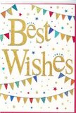 A celebratory Best Wishes card fills the image, its design simple yet bursting with joyful detail, like a small party in paper form. The background is a crisp, uninterrupted white, giving the artwork a fresh, modern feel and allowing the colours to shine. At the centre, the words Best Wishes sweep across in generous golden script, each letter slightly raised and glimmering as though brushed with fine glitter. The gold has a warm tone, reminiscent of late-afternoon sunlight over the gardens near Old Dagenham Park, and immediately draws the eye. Curving gracefully above and below the text, strings of bunting form soft, festive arcs, echoing decorations hung for a street celebration. Each tiny flag is rendered in bright, saturated colours-royal blue, fire-engine red, emerald green, and lemon yellow-some with tiny stripes, others with dots or mixed patterns, giving a sense of individuality and care. Scattered across the remaining white space are small coloured stars and confetti-like dots, echoing the bunting hues and adding a sense of movement, as if caught mid-sparkle. The arrangement of all these details creates a balanced, uplifting composition that feels both refined and joyful. This is the sort of card a local customer might choose to accompany a bouquet when sending congratulations on exam results, a new job, or a milestone birthday anywhere across Dagenham. In the hands of a florist, it becomes more than paper and ink; it becomes a gentle voice of support and celebration, carrying sincere good wishes to someone embarking on their next chapter.