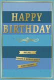 This elegant blue and gold birthday card feels like a calm, uplifting pause in the middle of a joyful celebration, the sort of greeting you might place beside a bouquet on a kitchen table in Dagenham before the party begins. The front is built from broad, horizontal bands of blue that move from deep navy at the top through rich mid-blue and teal to paler, softer tones toward the bottom, forming a soothing gradient reminiscent of a slow sunset over local streets and gardens. In the very center, the message HAPPY BIRTHDAY is stamped in large, capital letters of gleaming gold foil, the metallic surface catching and reflecting light the way evening rays touch the windows of homes along Becontree Avenue. The lettering is gently embossed, giving it a tactile presence that would feel smooth and slightly raised under exploring fingers. Directly below the greeting, a delicate gold flourish curves like a handwritten flourish on a cherished card, separating the main message from the sentiment beneath. Three slender gold banners sit stacked in tidy alignment, each bearing part of the phrase Relax, have a great day and enjoy! Their polished finish mirrors the central text, together forming a quiet promise of rest, enjoyment, and simple pleasure. A thin gold border frames the entire card, containing the layered blues and shining details with graceful restraint. You can picture this design standing beside fresh birthday flowers delivered locally, its tranquil colours and warm metallic highlights adding a sense of considered care, perfect for someone who appreciates both elegance and gentle, heartfelt wishes.