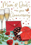 This anniversary card scene is illustrated like a cherished family moment frozen in time, the kind of celebration you might imagine after flowers and chocolates arrive at a house in Dagenham on a cool evening. At the heart of the image, two red roses lie gently on a tabletop, their petals exquisitely detailed, layered and velvety, almost as if you could reach out and feel their softness. They're accompanied by rich green leaves that curl and overlap, creating a bed of fresh colour reminiscent of a hand-tied bouquet arranged with care. Just in front of the blooms, an open heart-shaped box of chocolates invites a closer look. Inside, each piece of chocolate sits snugly in its own little compartment, their smooth surfaces and varied shapes hinting at different flavours waiting to be discovered and shared. The box itself is bound with a wide, satin-like red bow, its sheen catching the light much like gift wraps in the shop windows along Heathway. Behind this indulgent centrepiece, two tall champagne flutes stand side by side, filled with sparkling golden champagne. The bubbles rise in soft, continuous streams, giving the glasses an almost magical glow, as though they are lit from within by the spirit of celebration. Scattered around the composition, tiny red and gold hearts float in the air, adding movement and charm, while beautifully hand-written words for Mum & Dad hover above, transforming the card into an intimate message of gratitude and love. A single red envelope rests near the chocolates, hinting that a heartfelt note lies inside. The whole illustration feels warm and inviting, like the quiet joy of an anniversary evening where parents pause to savour roses, sweets and each other's company.